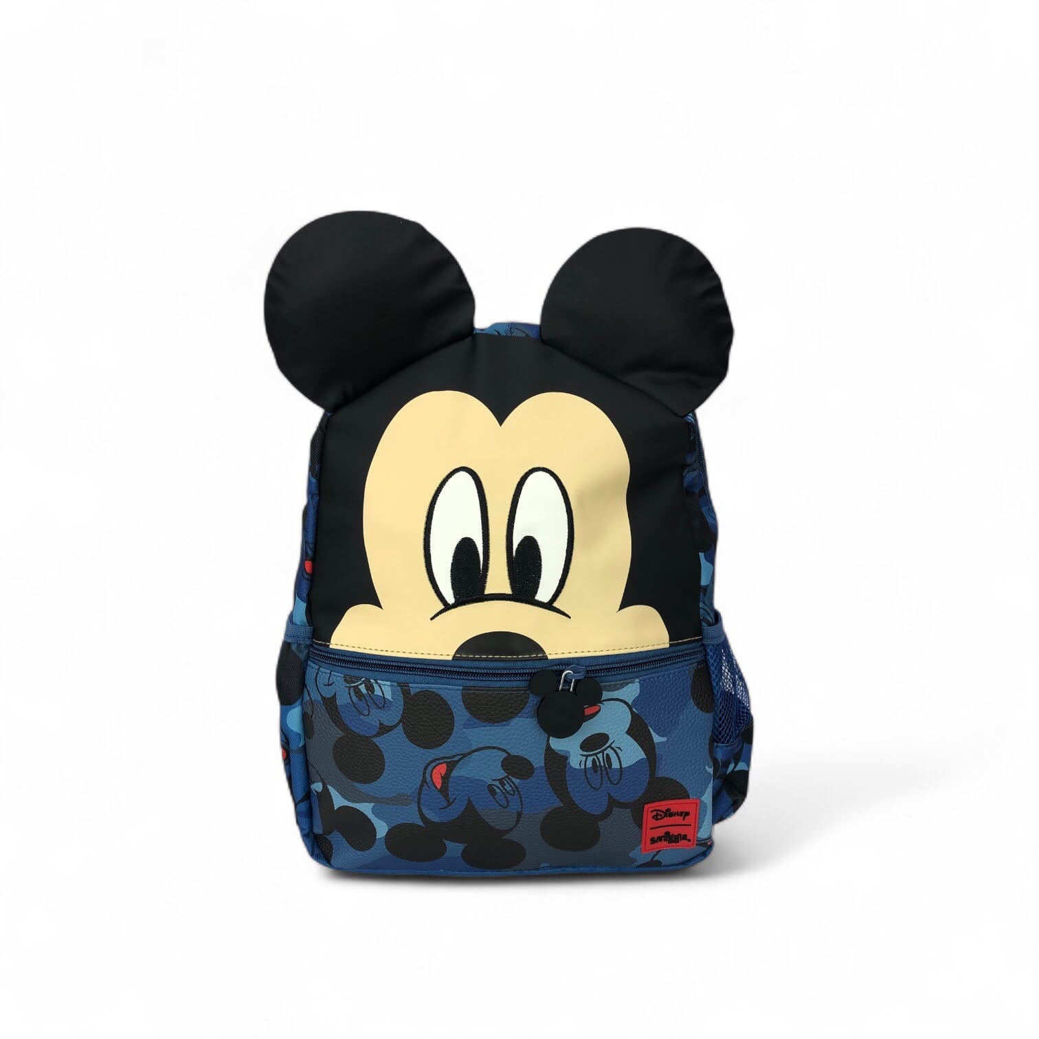 Blue Mickey Mouse face backpack with black ear details and front zip pocket